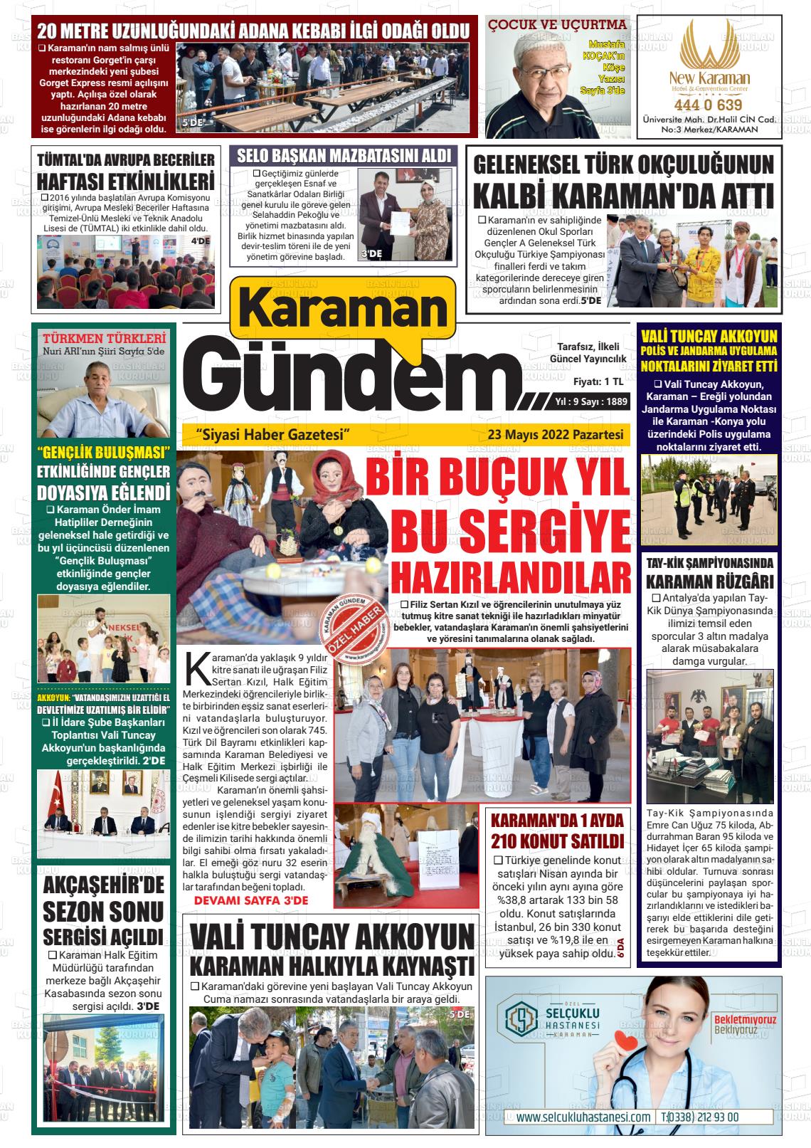 23 Mayıs 2022 Karaman Gündem Gazete Manşeti