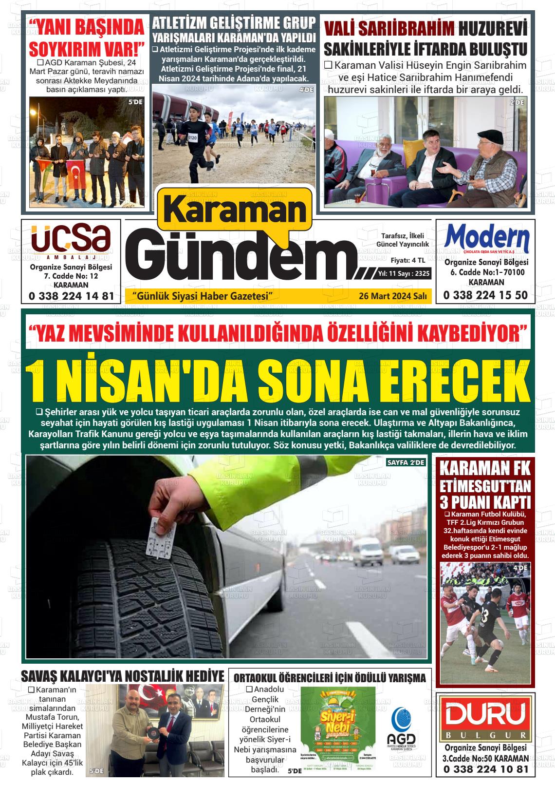 26 Mart 2024 Karaman Gündem Gazete Manşeti