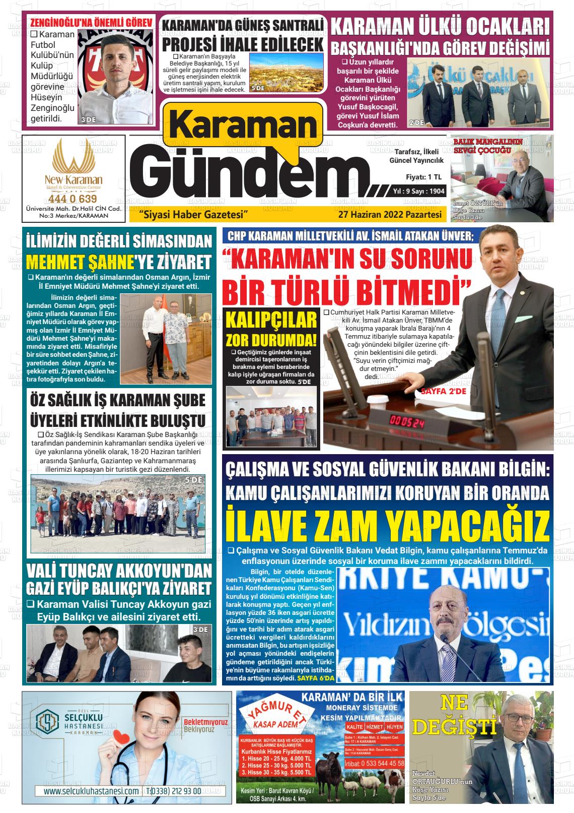 27 Haziran 2022 Karaman Gündem Gazete Manşeti