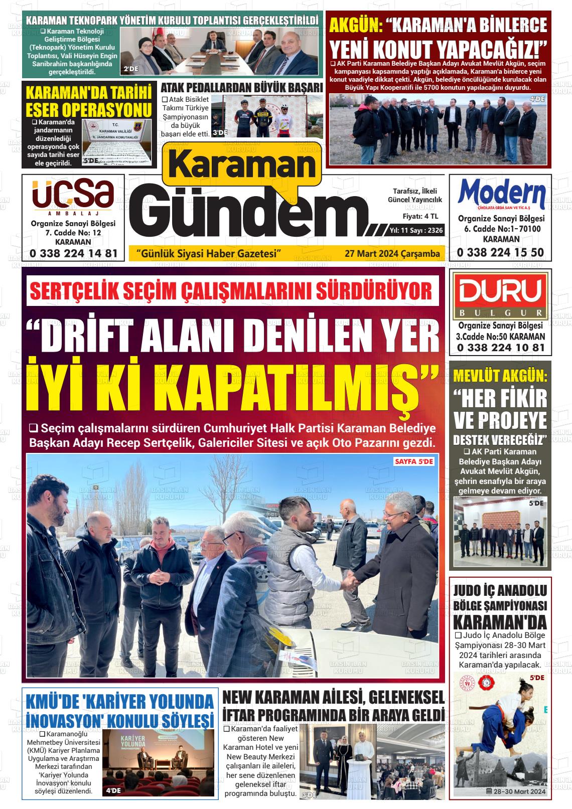 27 Mart 2024 Karaman Gündem Gazete Manşeti