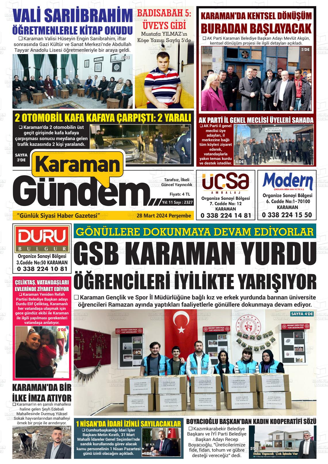 28 Mart 2024 Karaman Gündem Gazete Manşeti