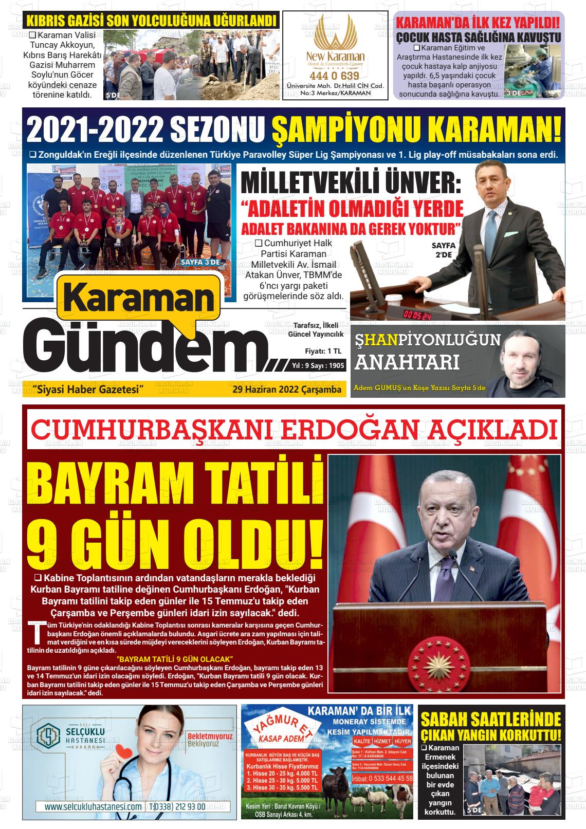 29 Haziran 2022 Karaman Gündem Gazete Manşeti