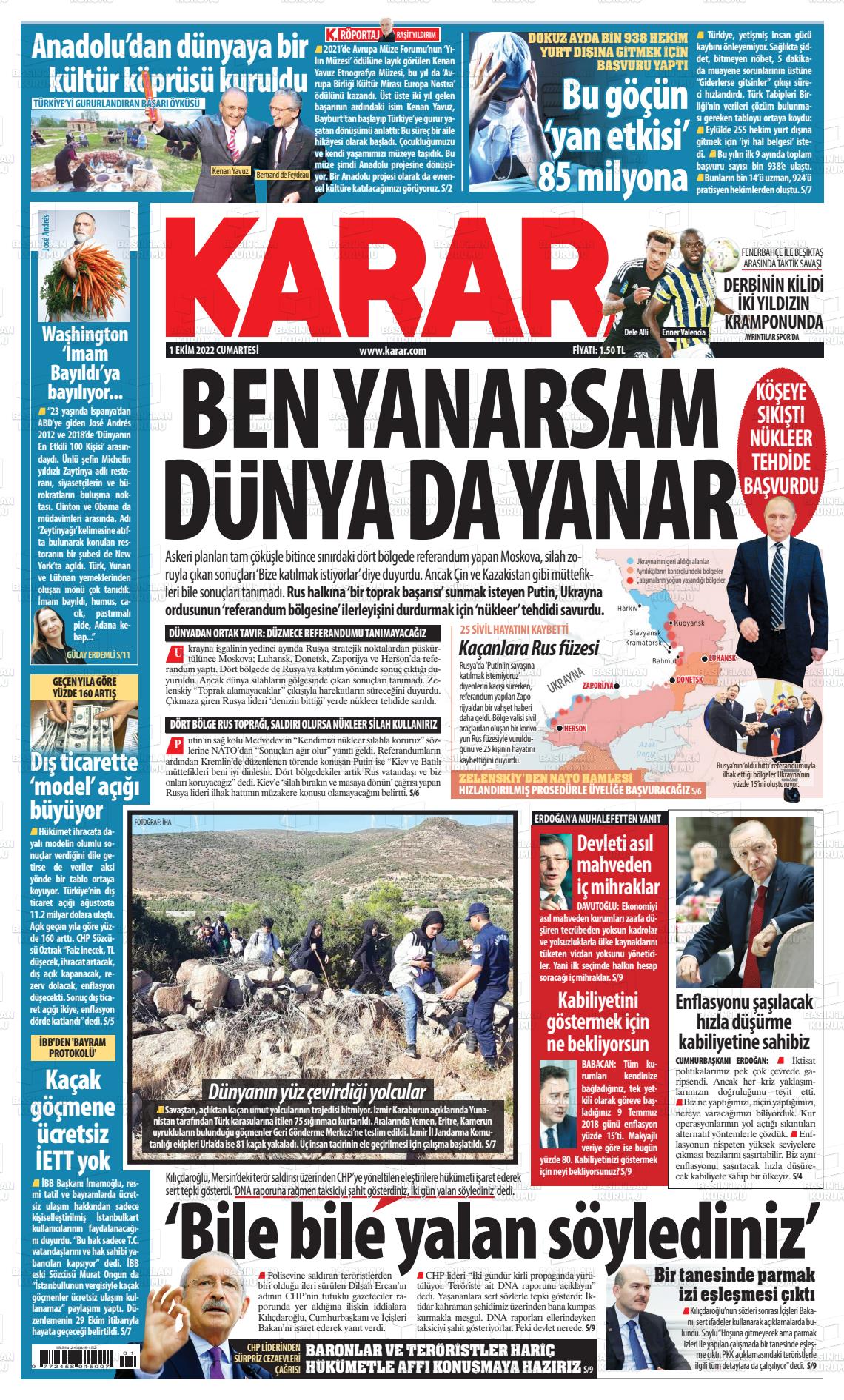01 Ekim 2022 Karar Gazete Manşeti
