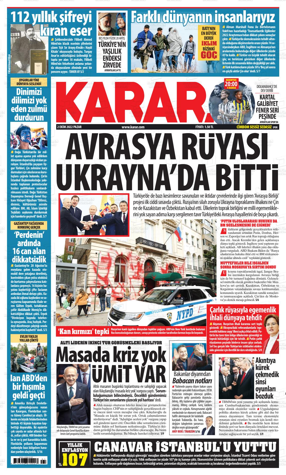 02 Ekim 2022 Karar Gazete Manşeti