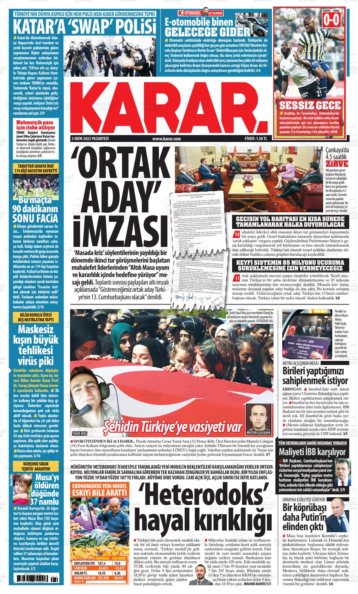 03 Ekim 2022 Karar Gazete Manşeti