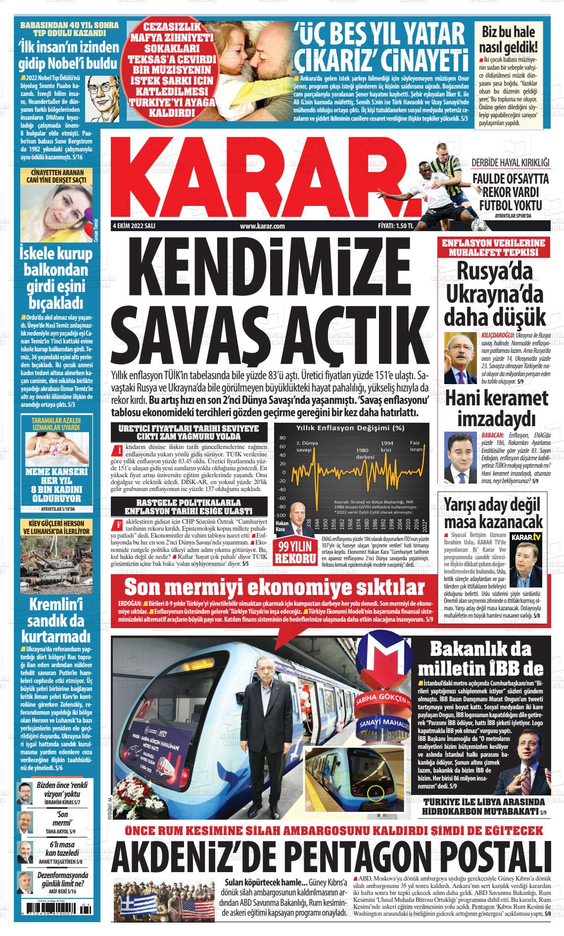 04 Ekim 2022 Karar Gazete Manşeti