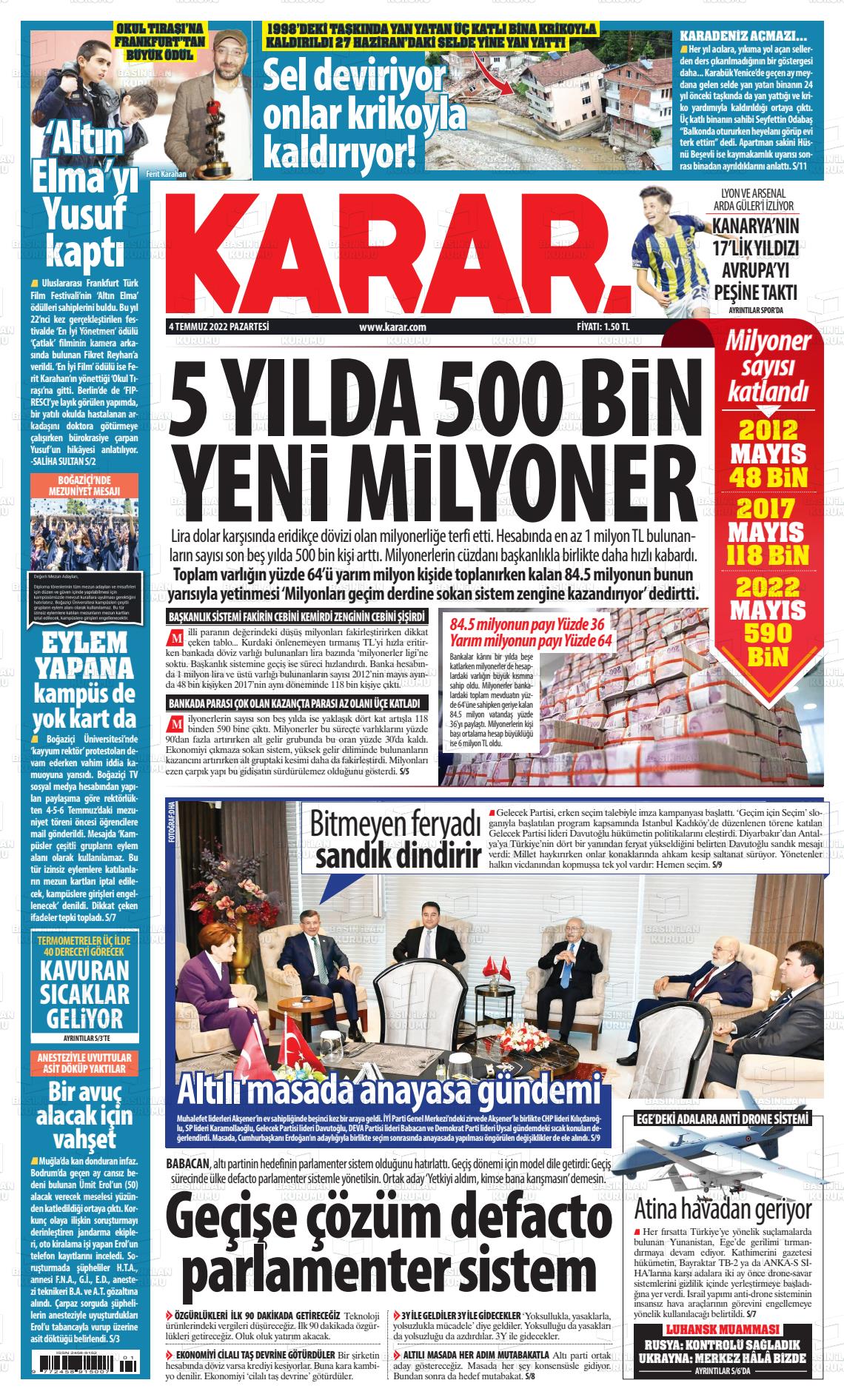 04 Temmuz 2022 Karar Gazete Manşeti