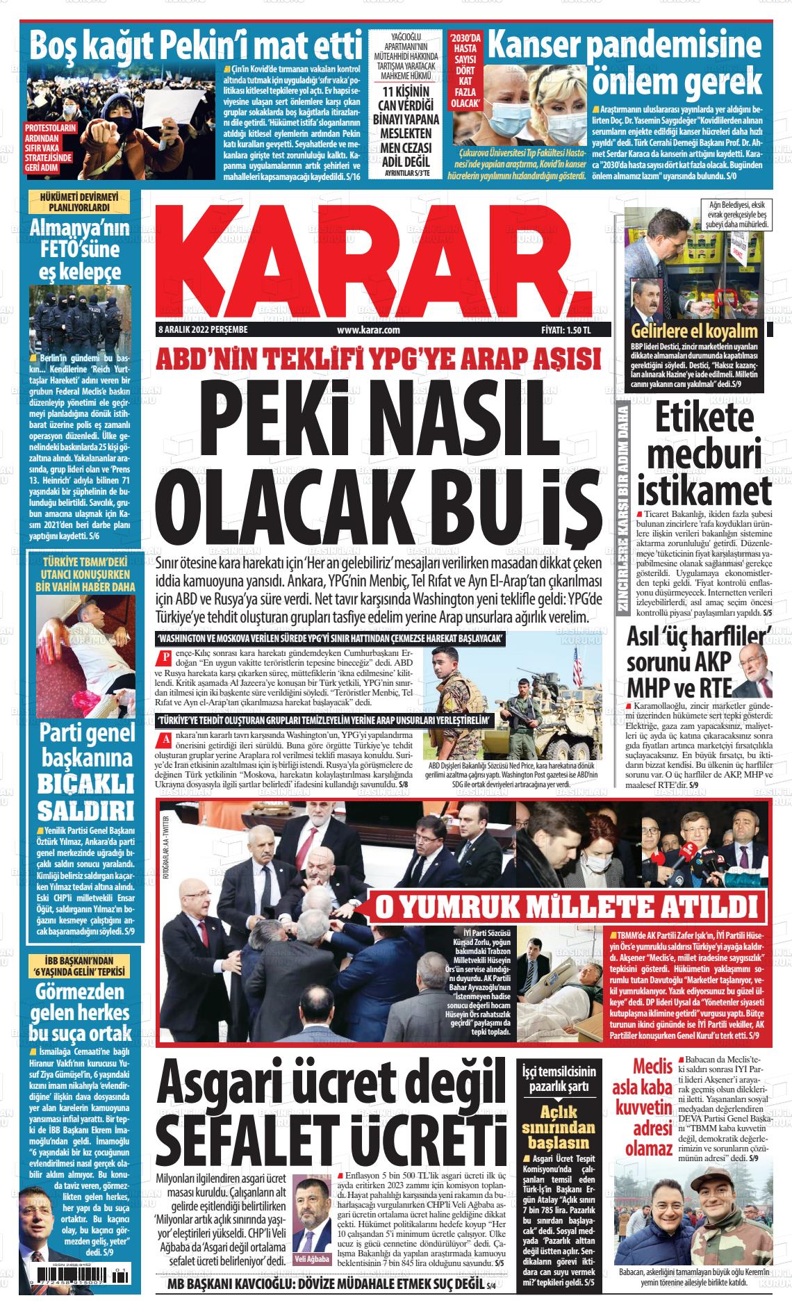 08 Aralık 2022 Karar Gazete Manşeti