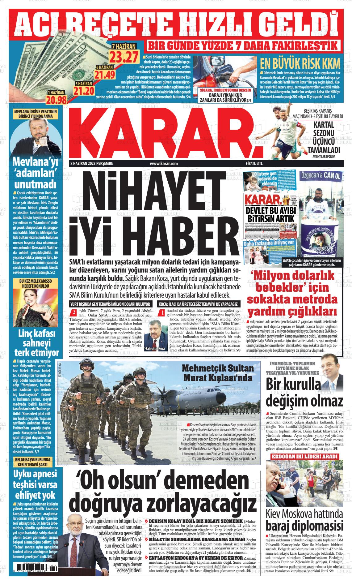 08 Haziran 2023 Karar Gazete Manşeti