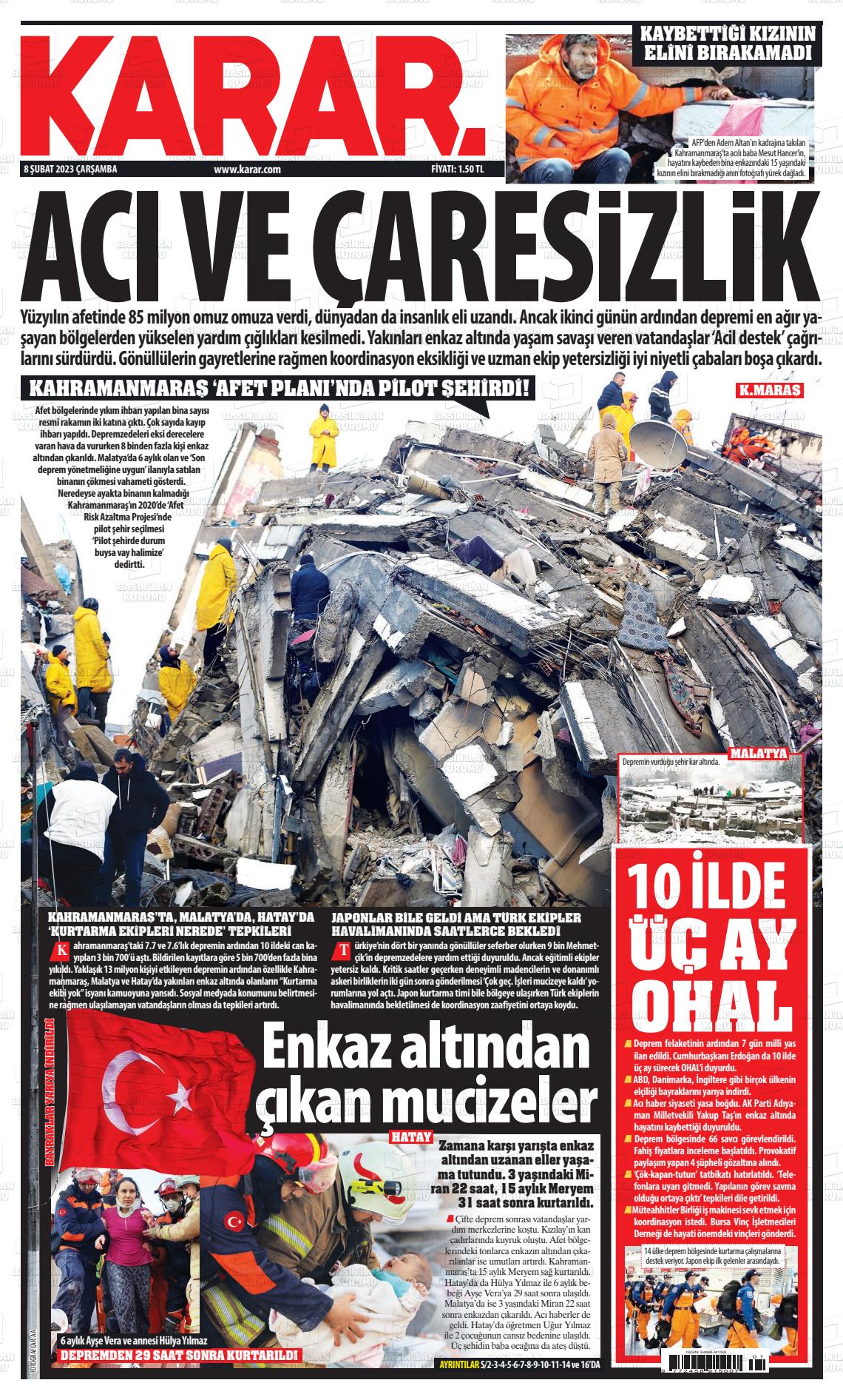 08 Şubat 2023 Karar Gazete Manşeti