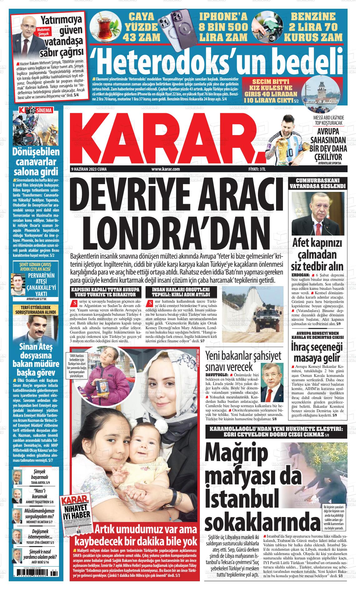 10 Haziran 2023 Karar Gazete Manşeti