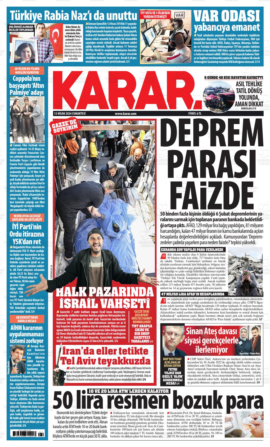13 Nisan 2024 Karar Gazete Manşeti