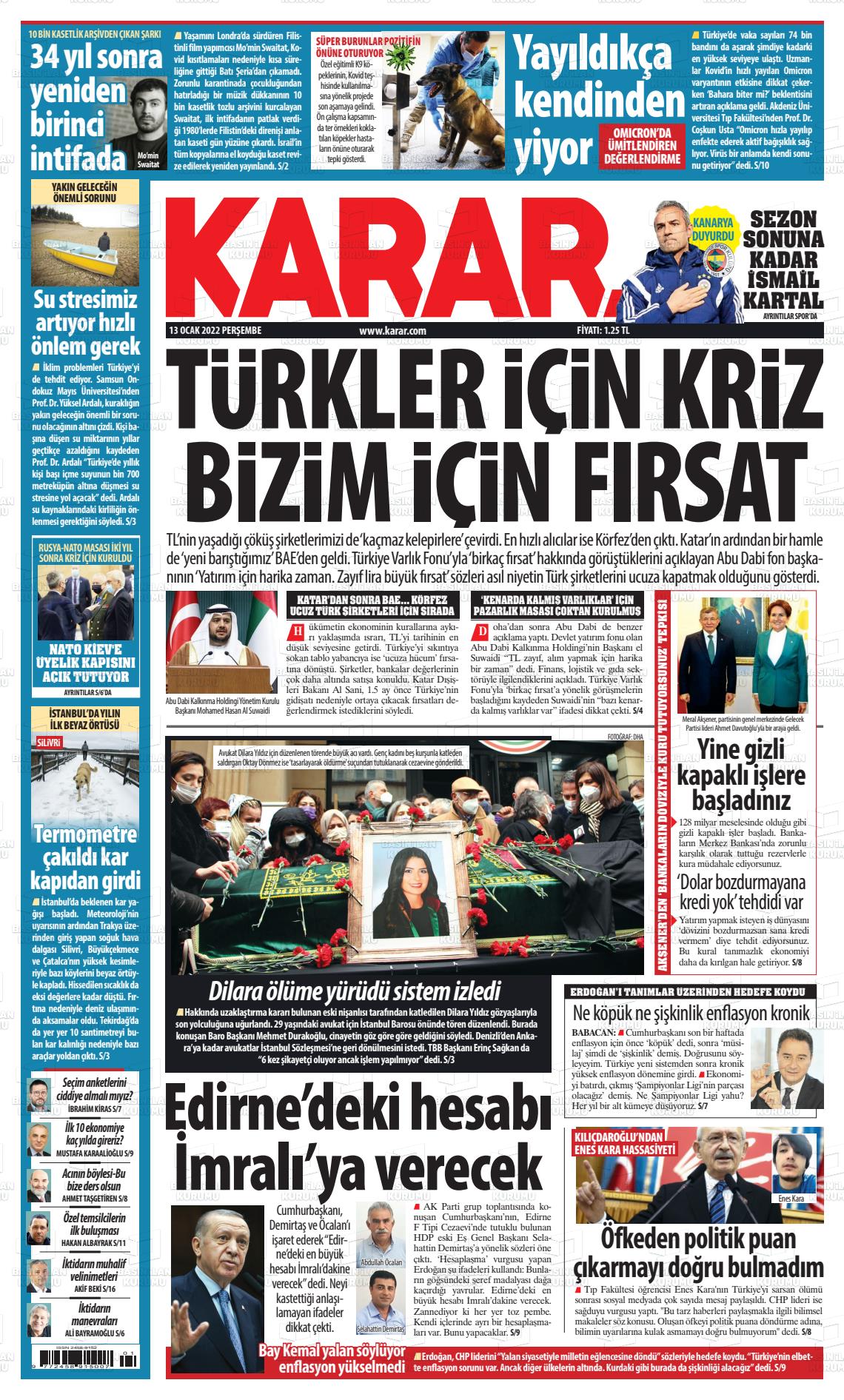 13 Ocak 2022 Karar Gazete Manşeti