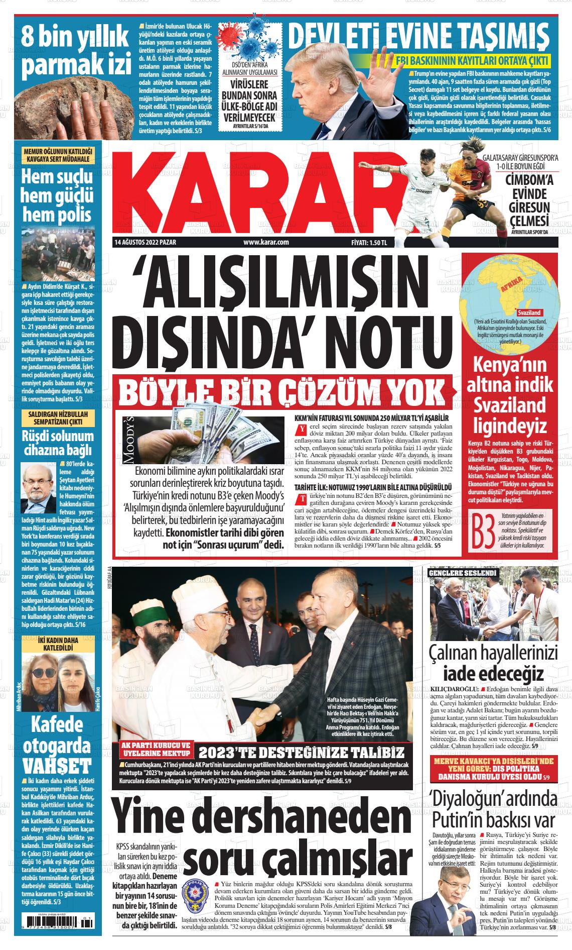 14 Ağustos 2022 Karar Gazete Manşeti