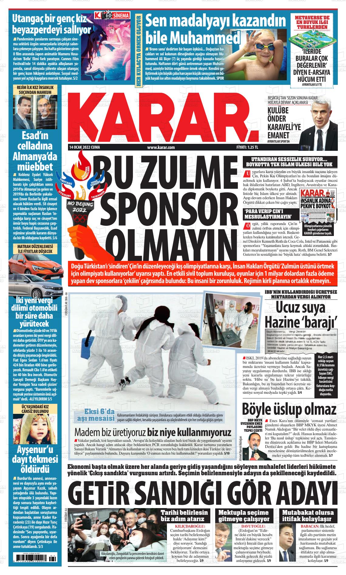14 Ocak 2022 Karar Gazete Manşeti