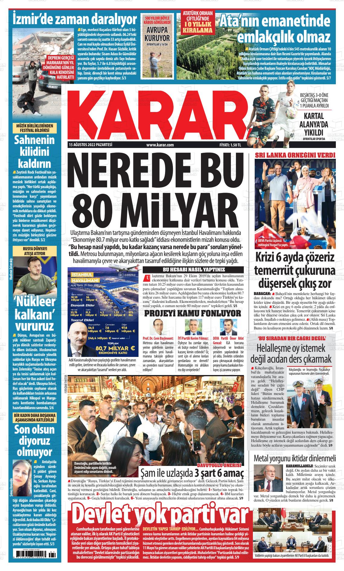 15 Ağustos 2022 Karar Gazete Manşeti