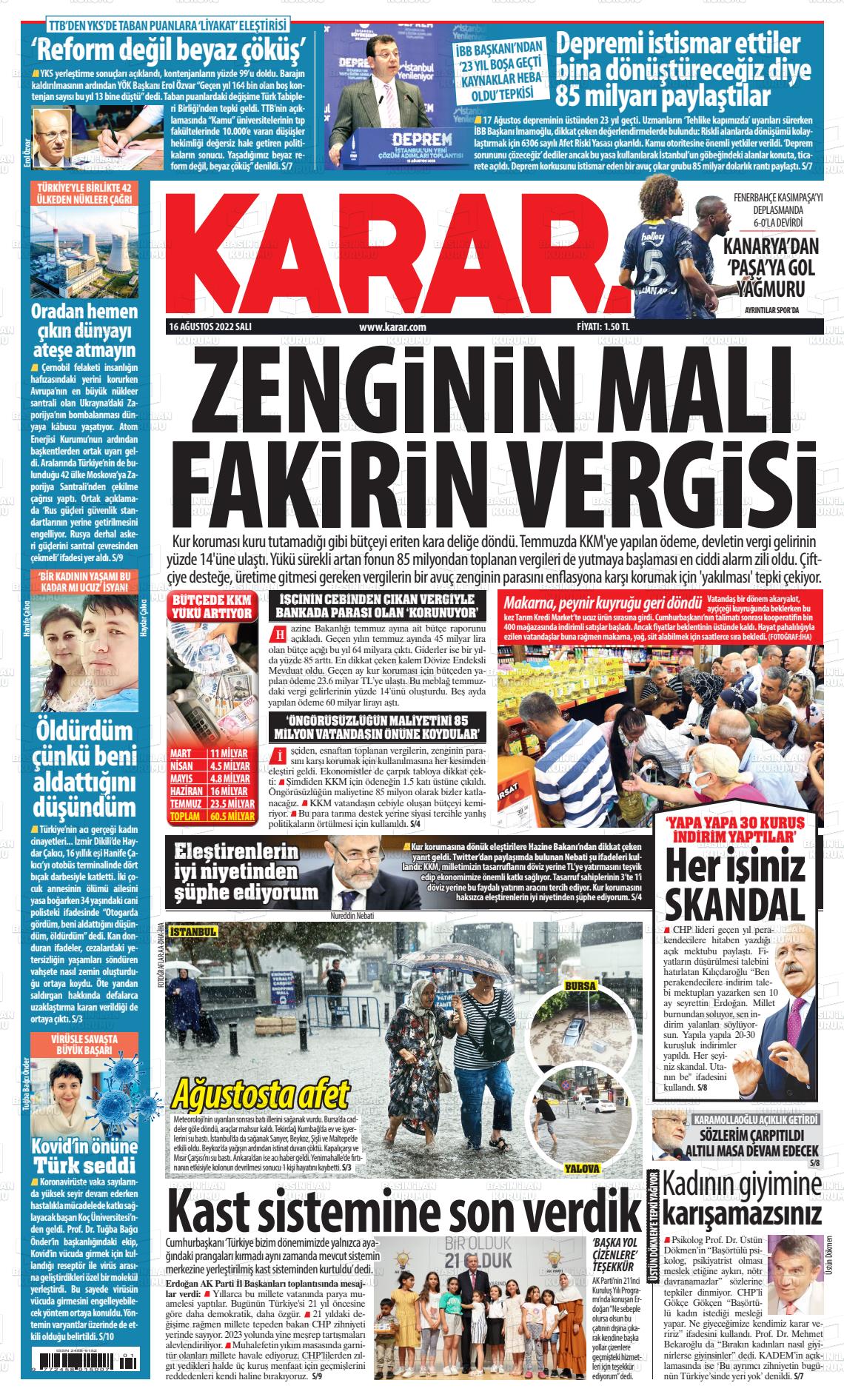 16 Ağustos 2022 Karar Gazete Manşeti