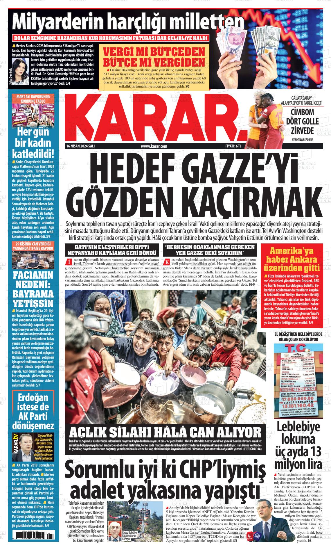 16 Nisan 2024 Karar Gazete Manşeti
