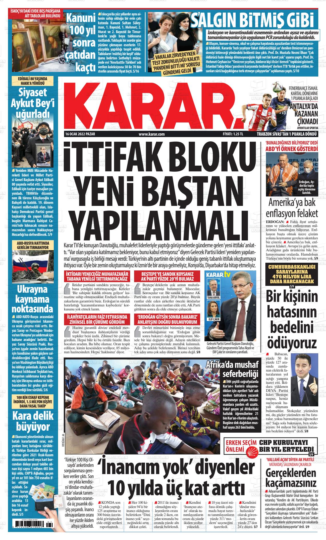 16 Ocak 2022 Karar Gazete Manşeti