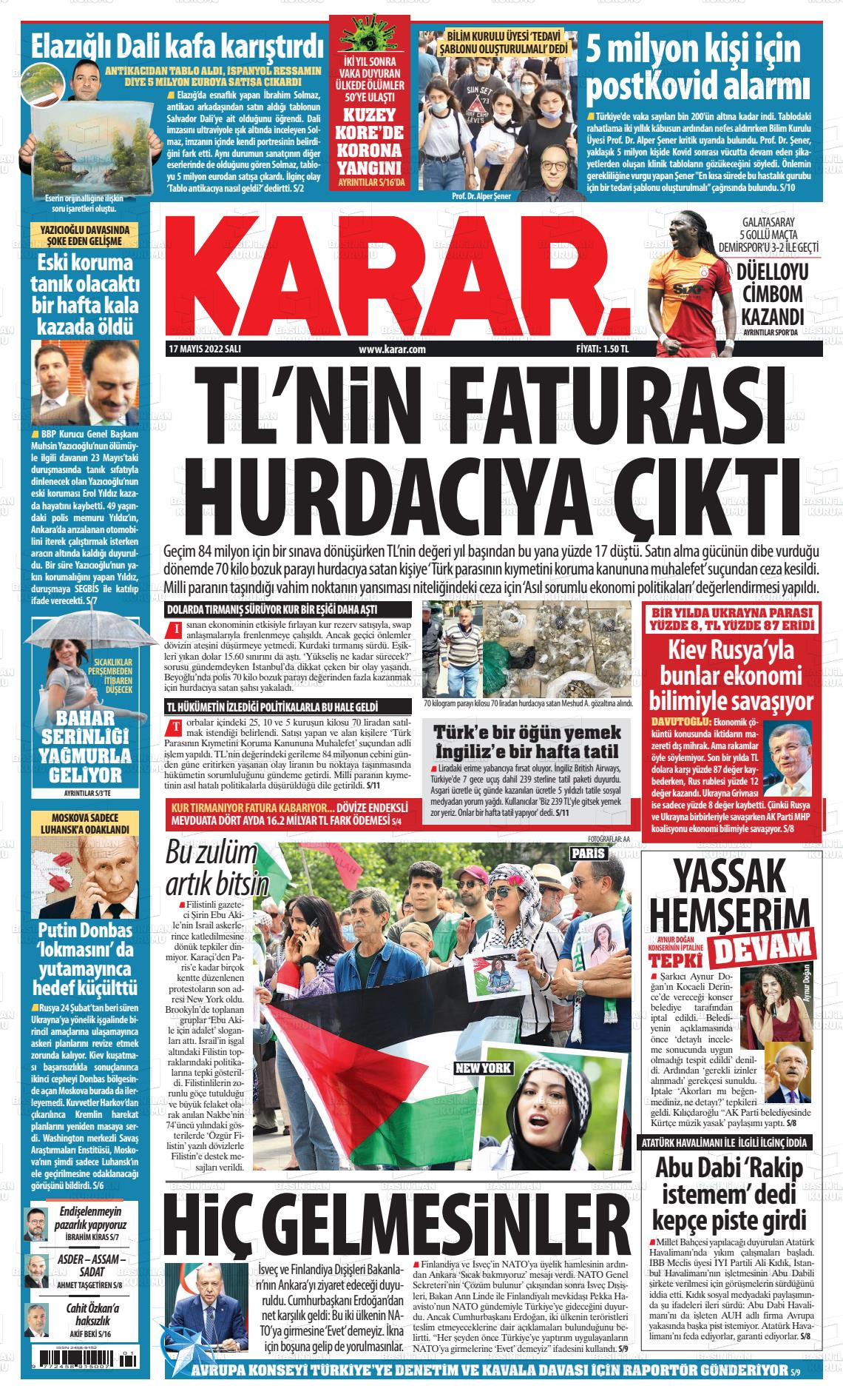 17 Mayıs 2022 Karar Gazete Manşeti