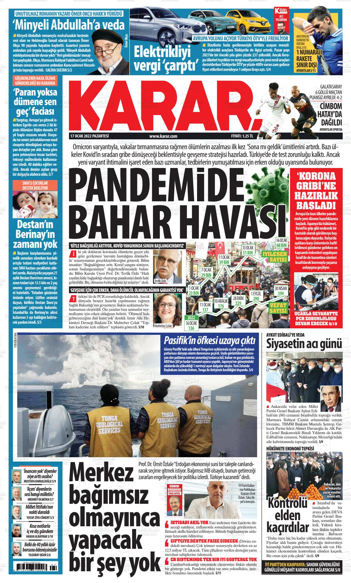17 Ocak 2022 Karar Gazete Manşeti