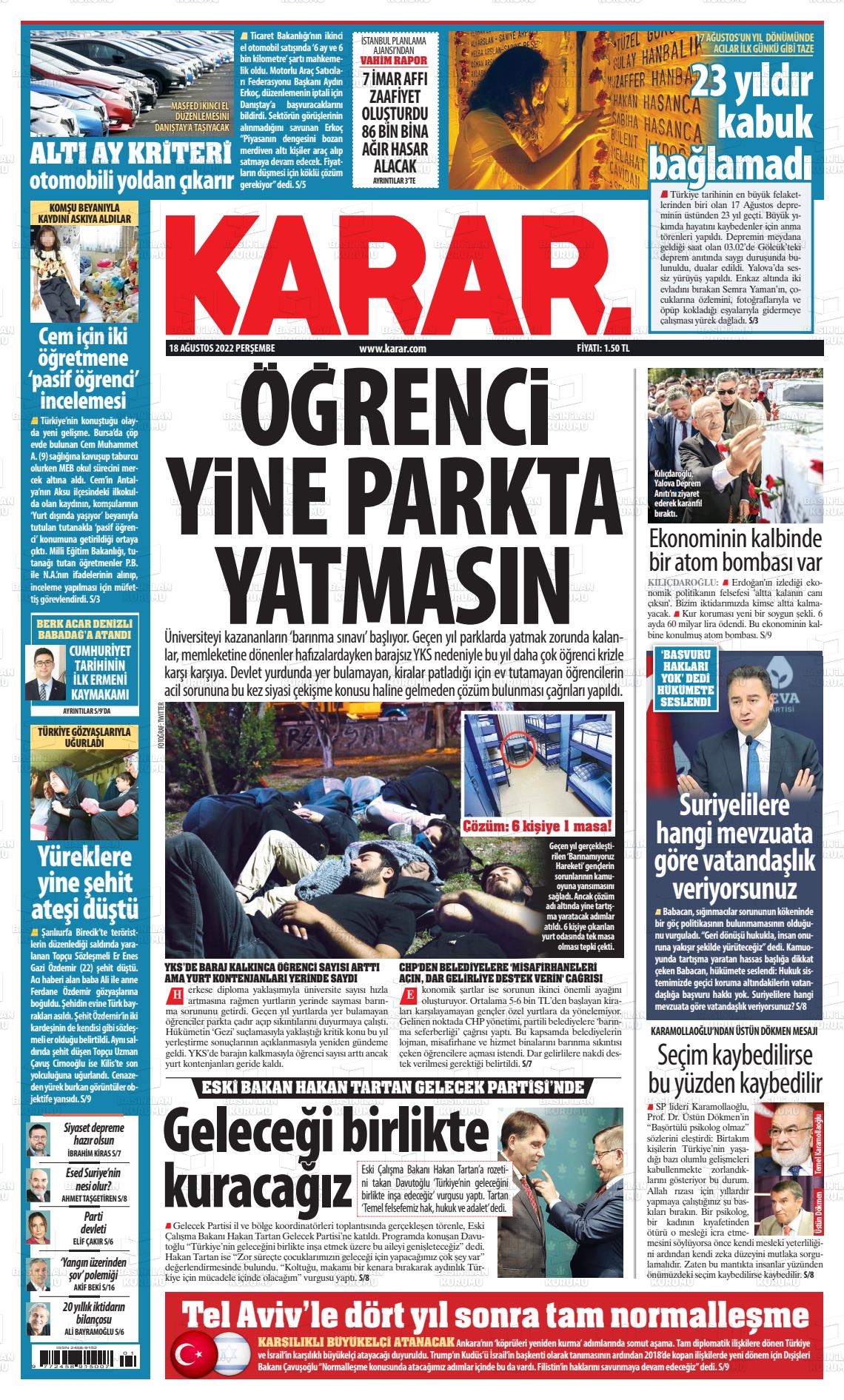 18 Ağustos 2022 Karar Gazete Manşeti