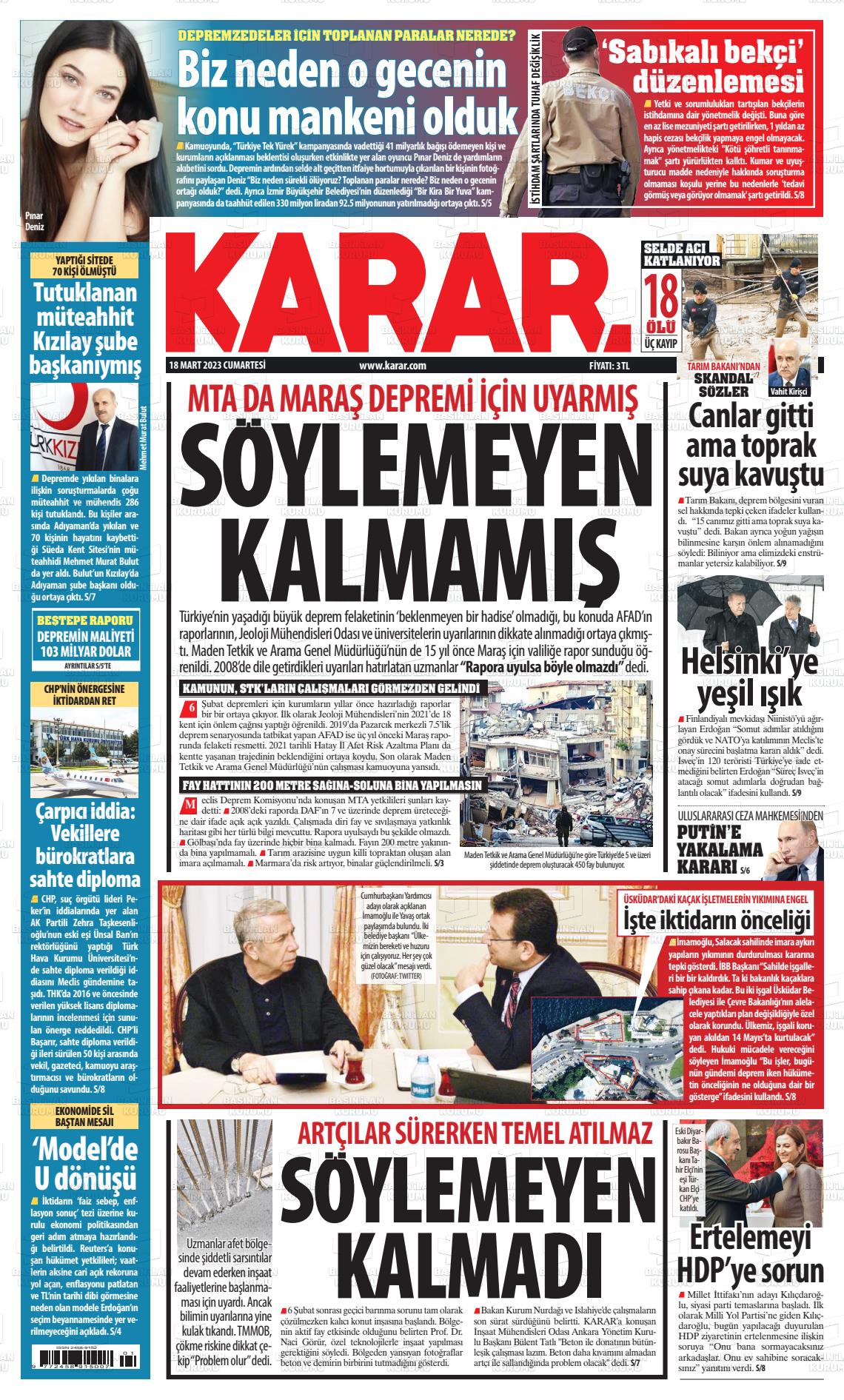18 Mart 2023 Karar Gazete Manşeti
