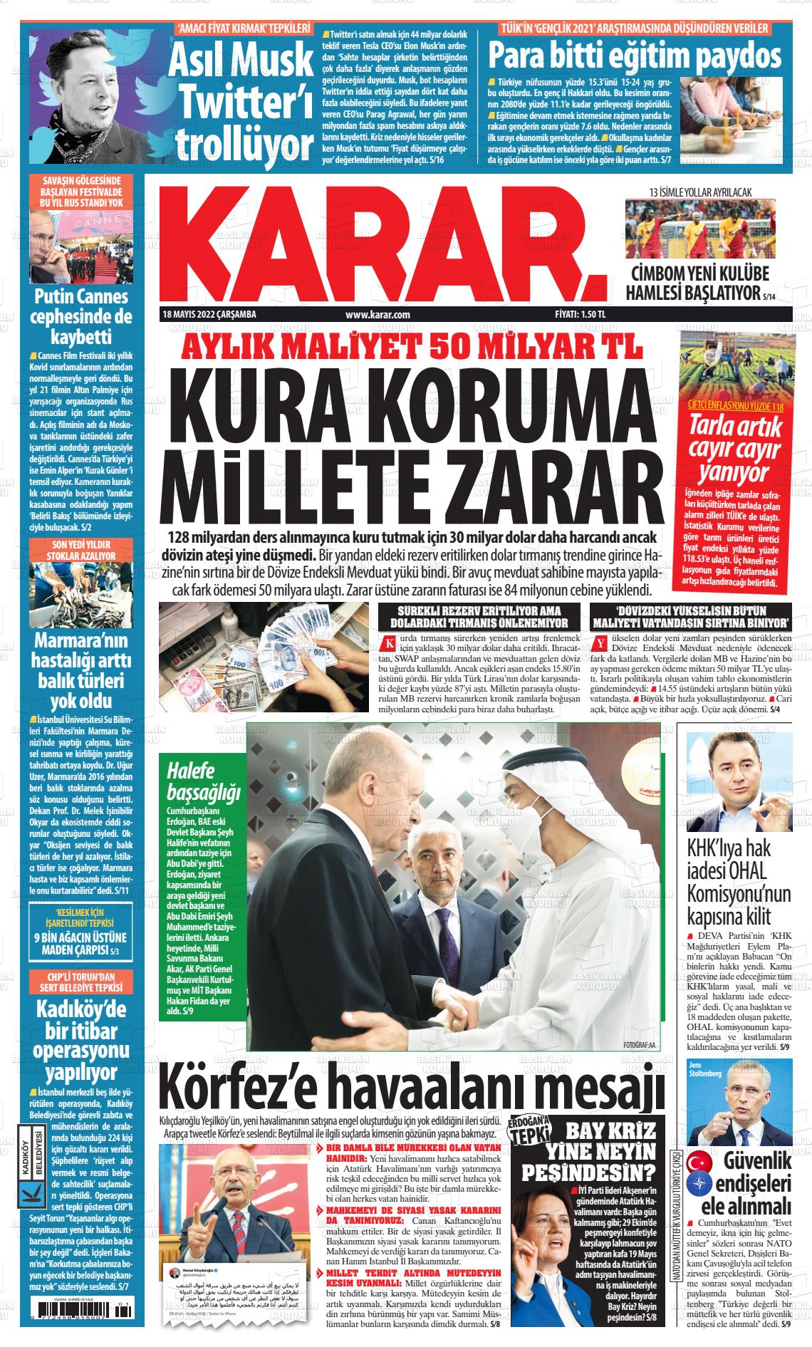 18 Mayıs 2022 Karar Gazete Manşeti