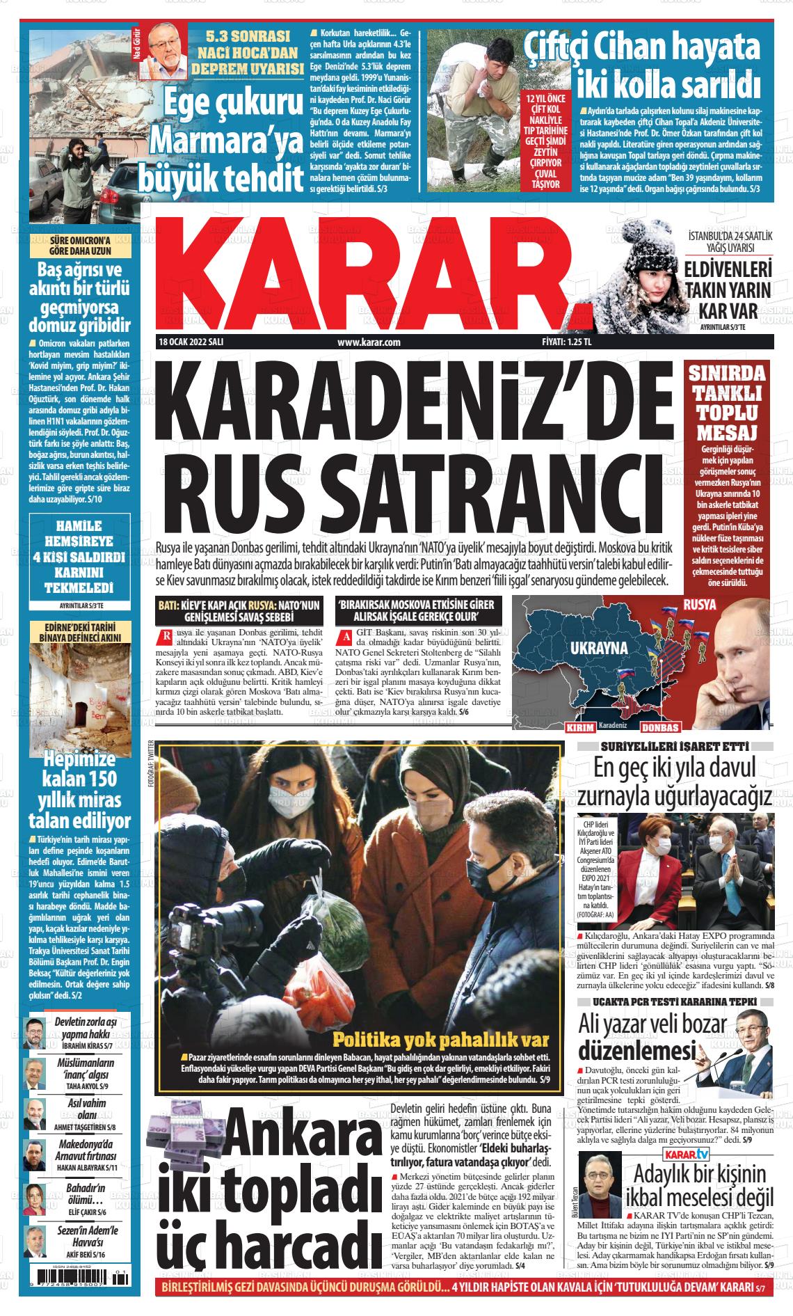 18 Ocak 2022 Karar Gazete Manşeti