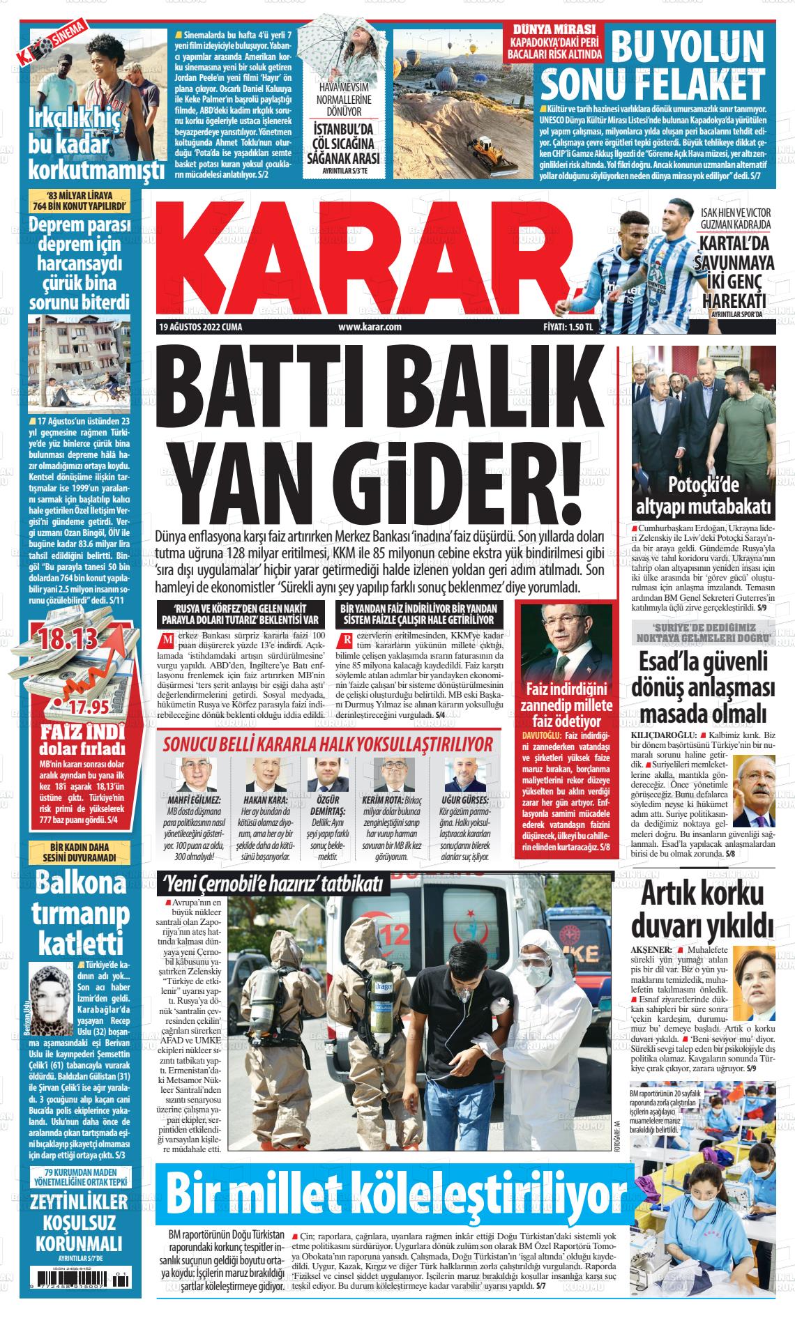 19 Ağustos 2022 Karar Gazete Manşeti