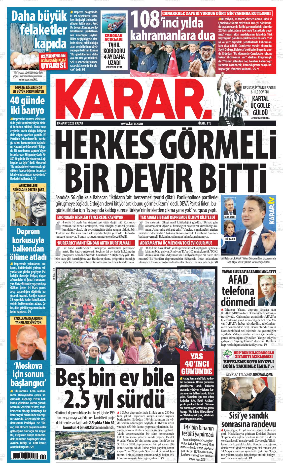 19 Mart 2023 Karar Gazete Manşeti