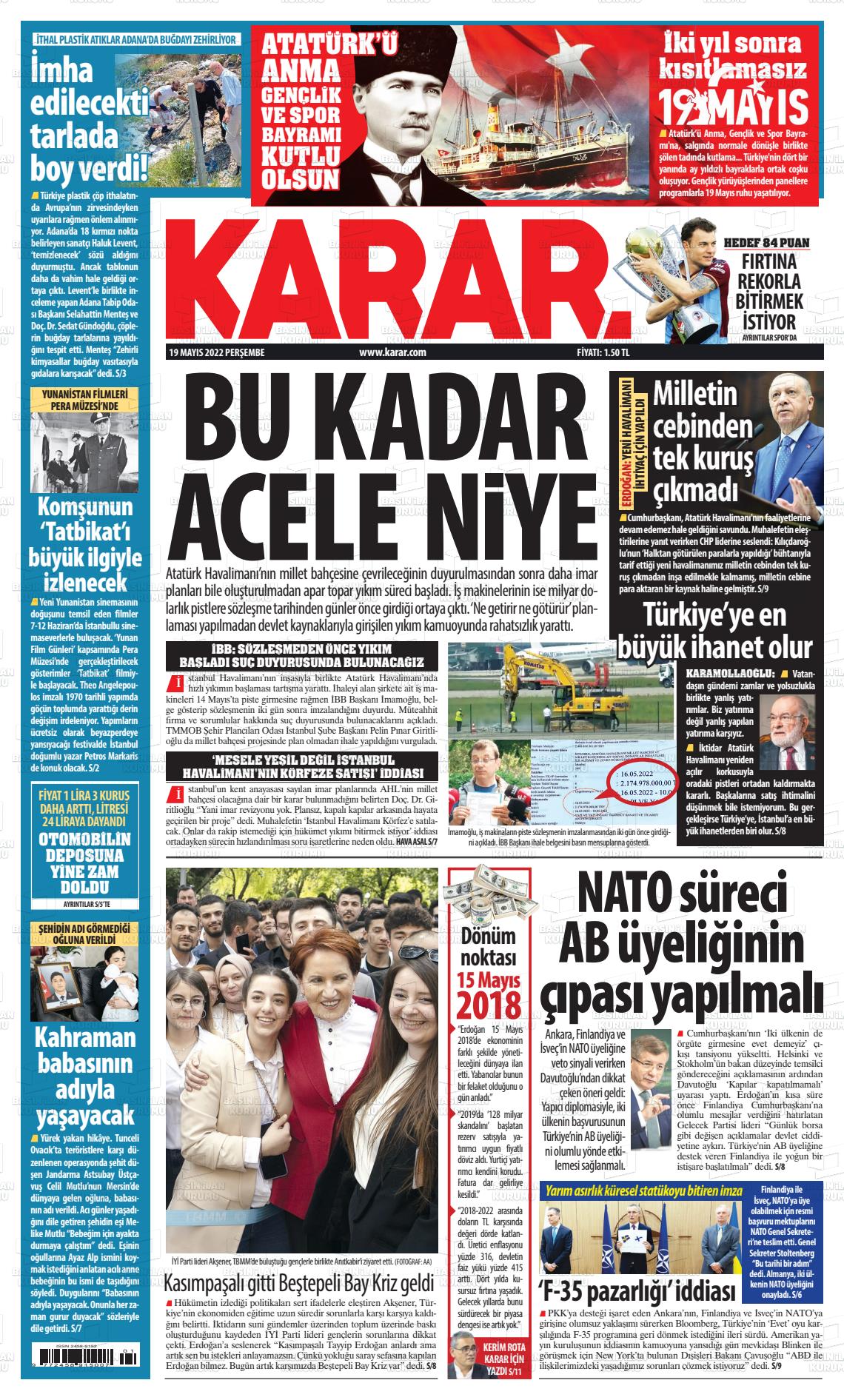 19 Mayıs 2022 Karar Gazete Manşeti