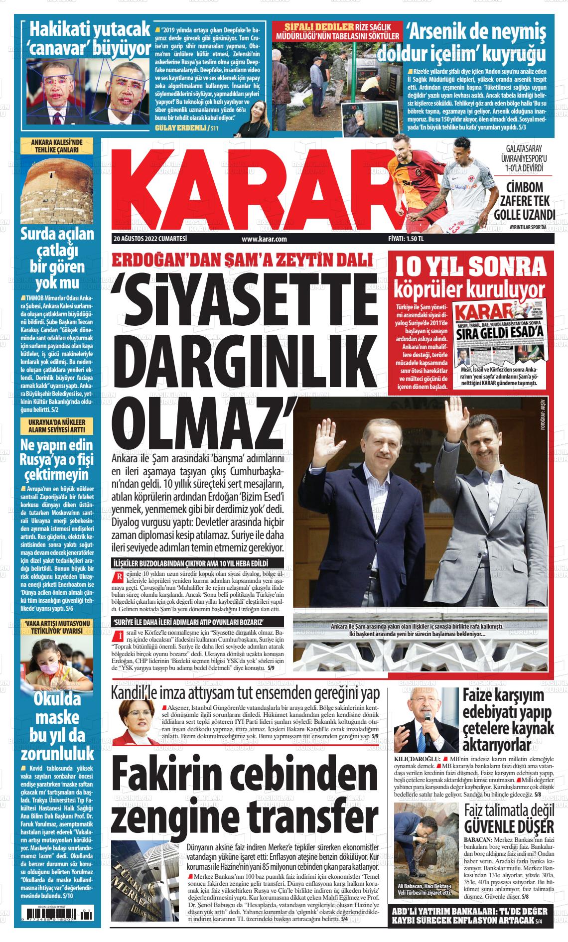 20 Ağustos 2022 Karar Gazete Manşeti
