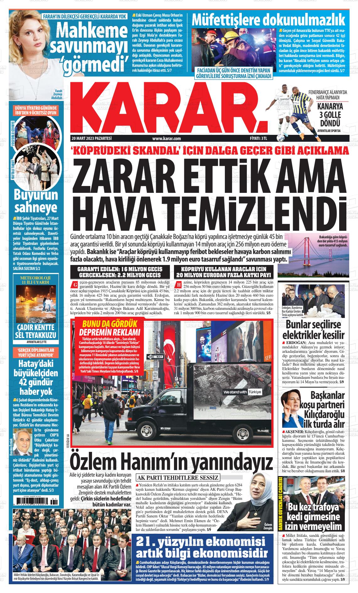 20 Mart 2023 Karar Gazete Manşeti