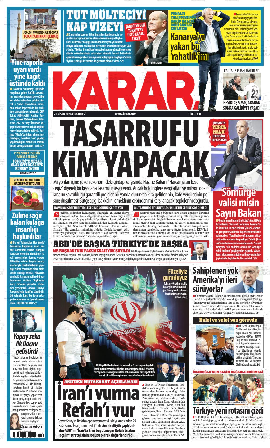 20 Nisan 2024 Karar Gazete Manşeti