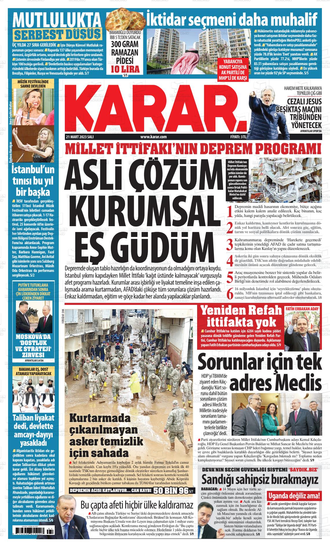 21 Mart 2023 Karar Gazete Manşeti