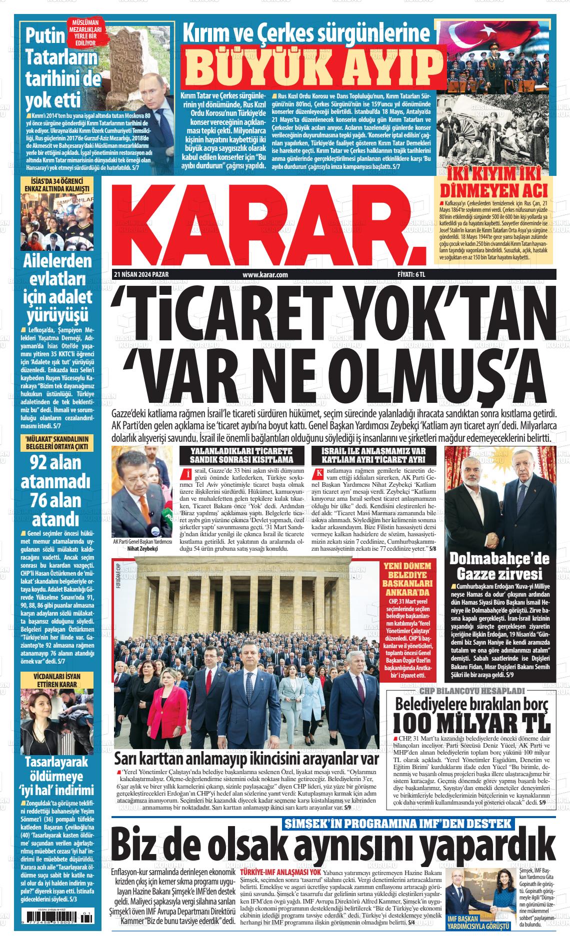21 Nisan 2024 Karar Gazete Manşeti