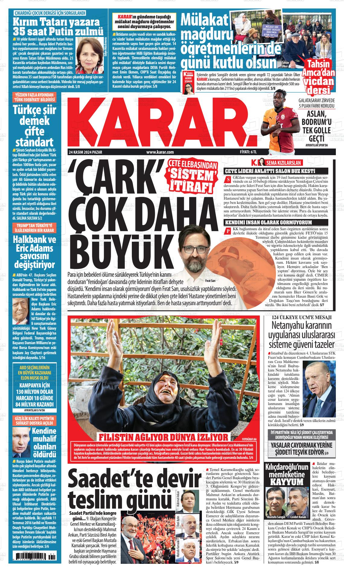 24 Kasım 2024 Karar Gazete Manşeti