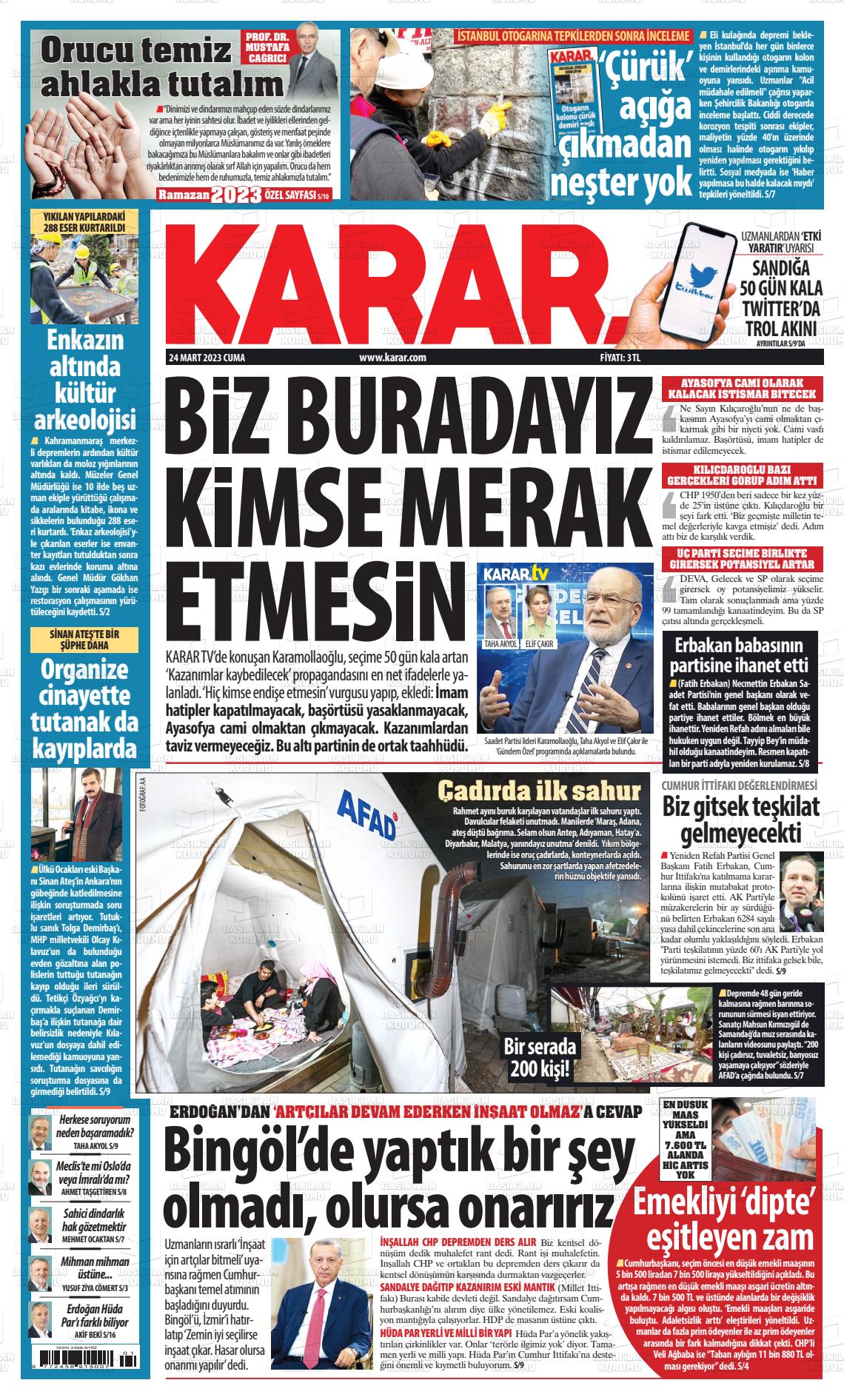 24 Mart 2023 Karar Gazete Manşeti