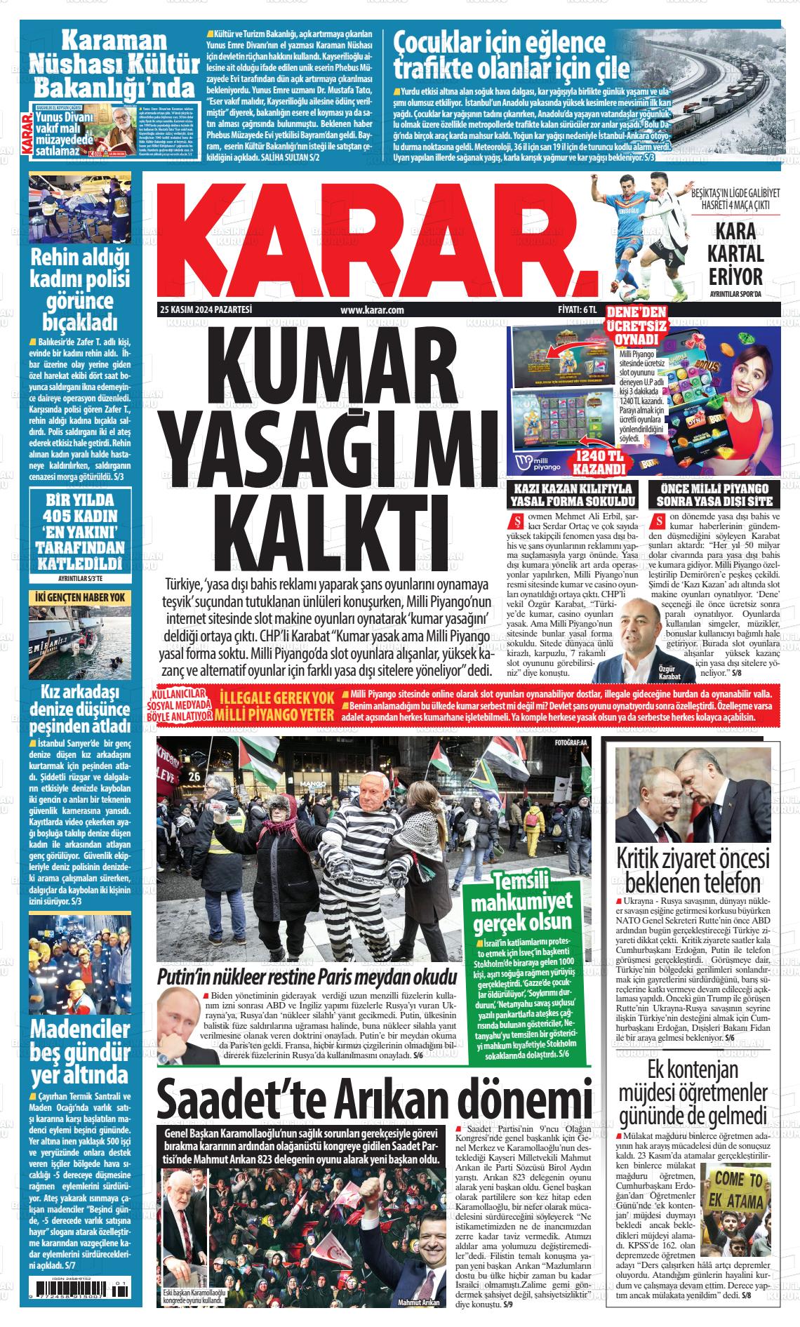 25 Kasım 2024 Karar Gazete Manşeti
