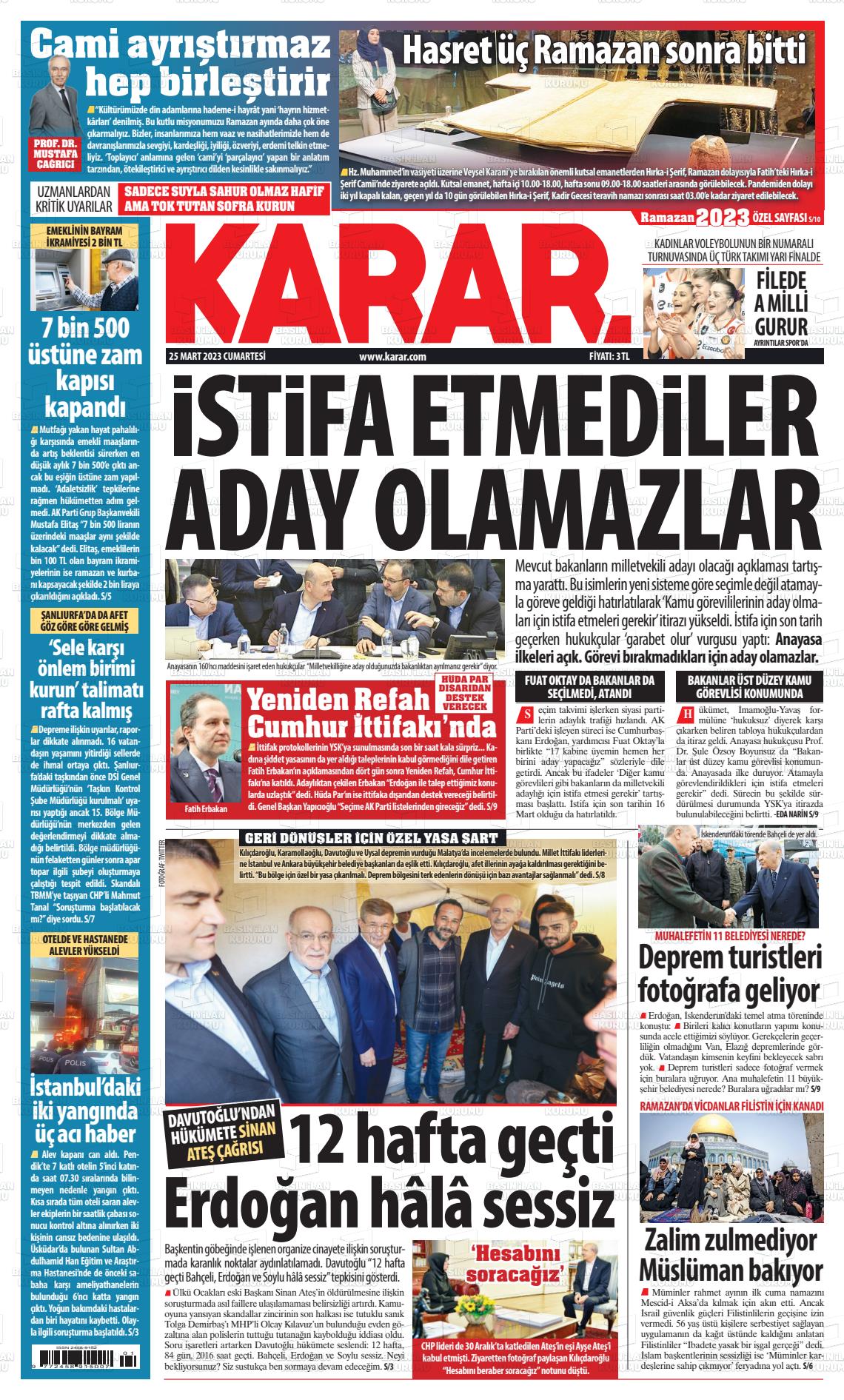 25 Mart 2023 Karar Gazete Manşeti