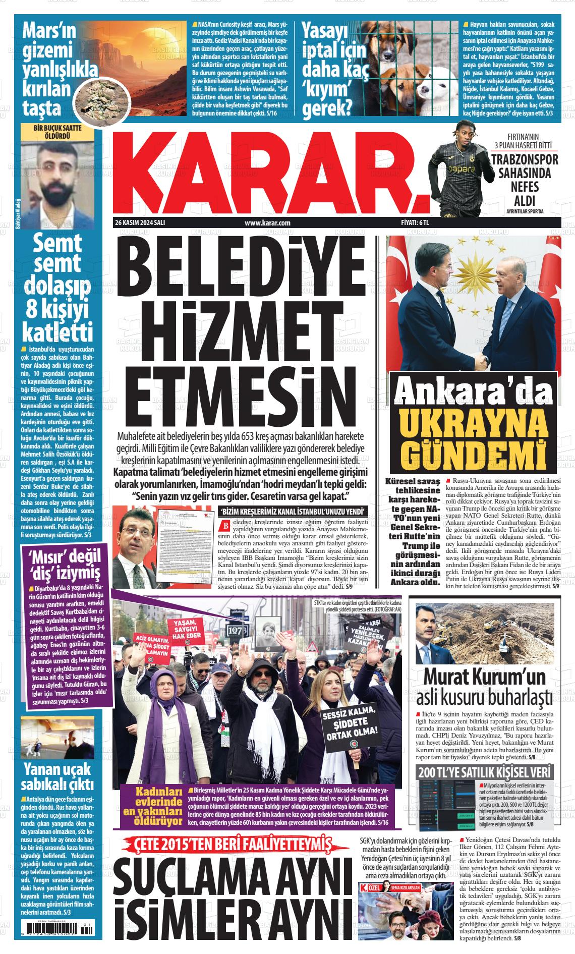 26 Kasım 2024 Karar Gazete Manşeti