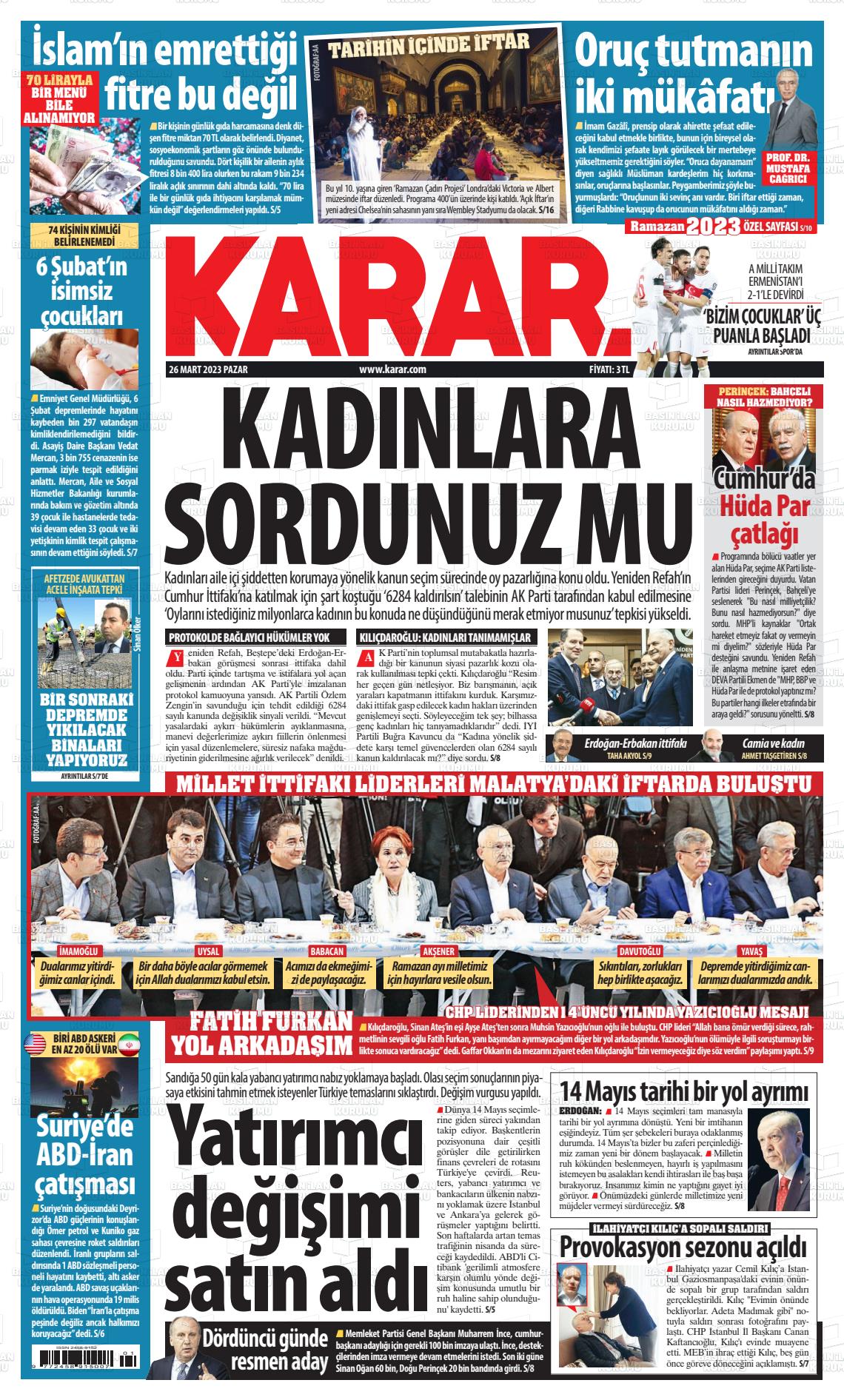 26 Mart 2023 Karar Gazete Manşeti