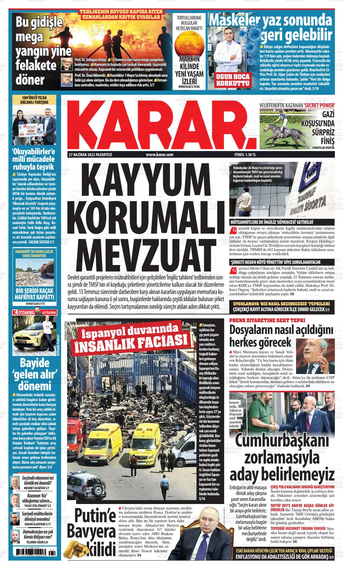 27 Haziran 2022 Karar Gazete Manşeti