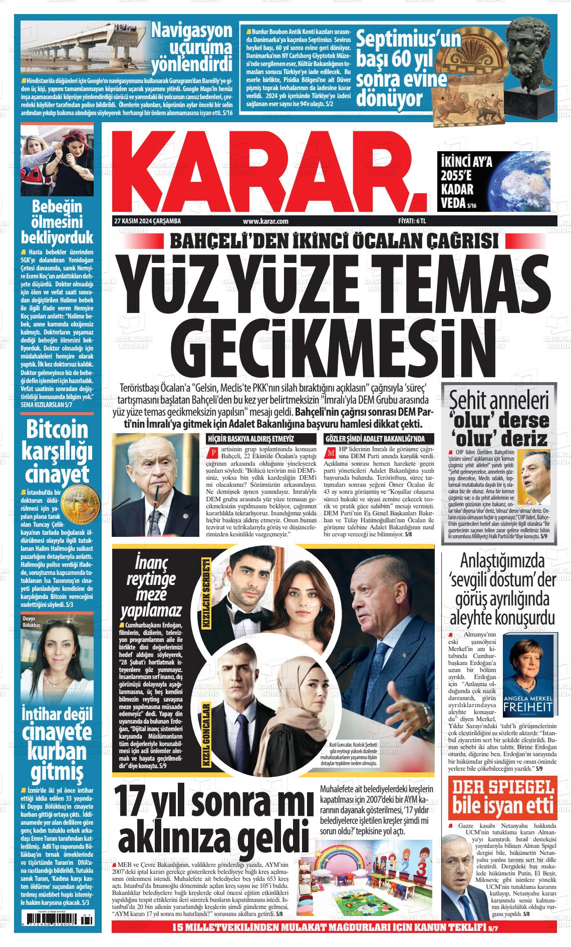 27 Kasım 2024 Karar Gazete Manşeti