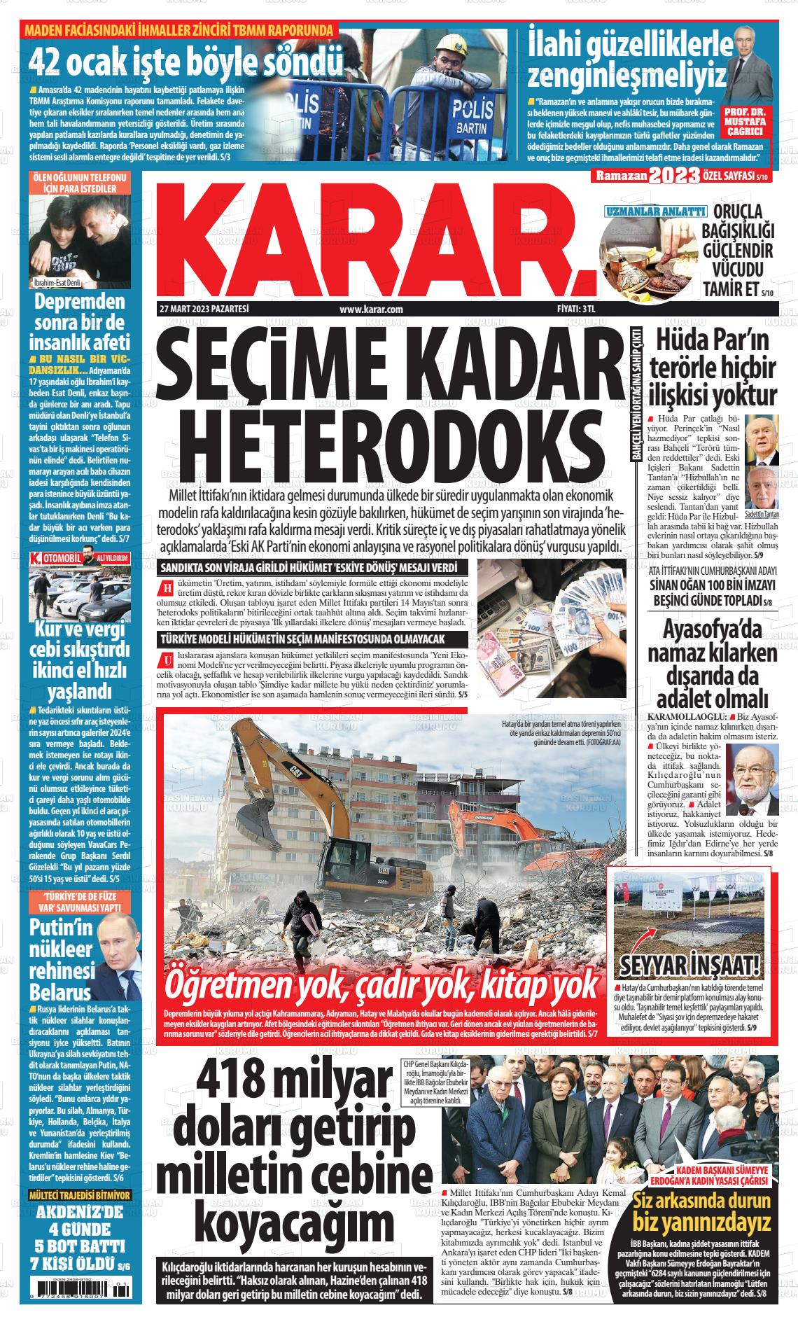 27 Mart 2023 Karar Gazete Manşeti