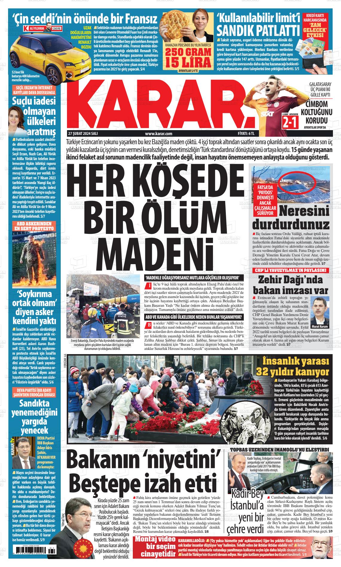 28 Şubat 2024 Karar Gazete Manşeti