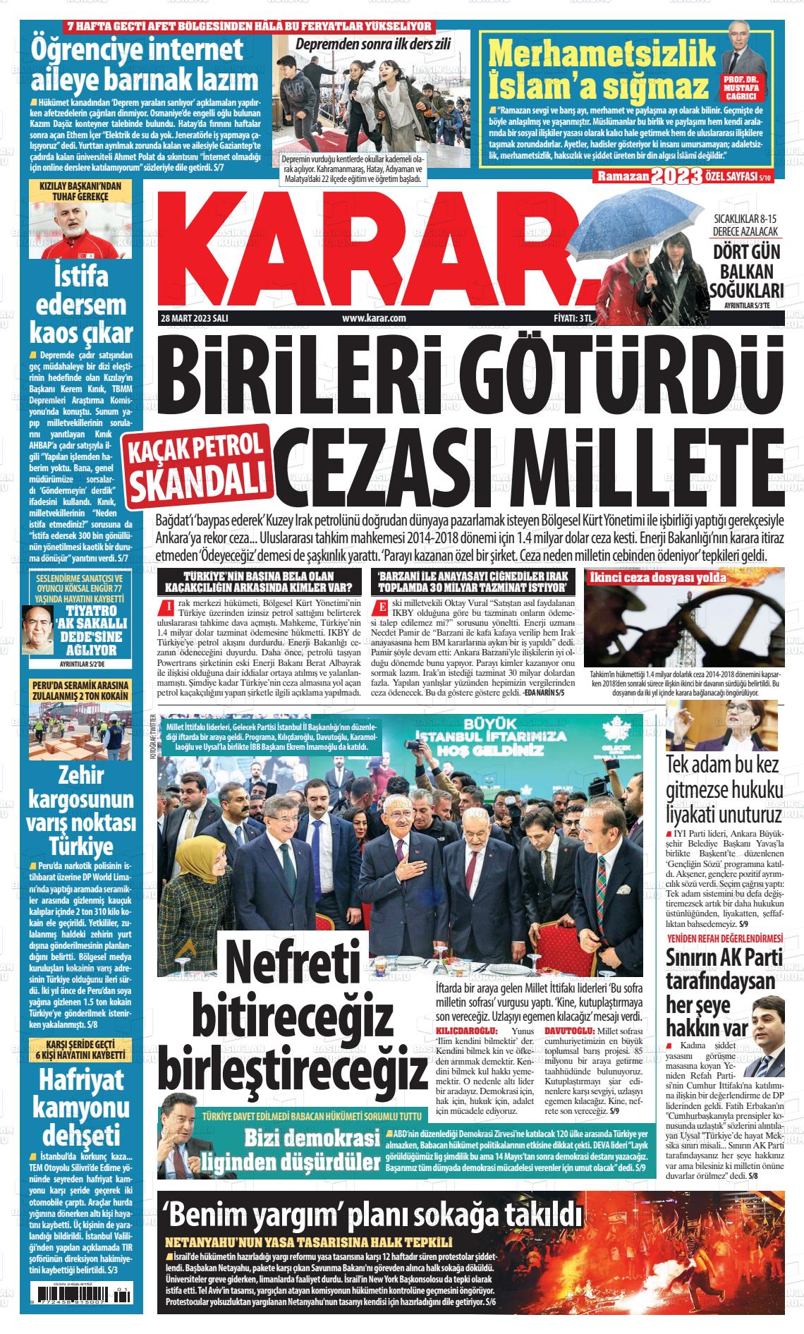28 Mart 2023 Karar Gazete Manşeti