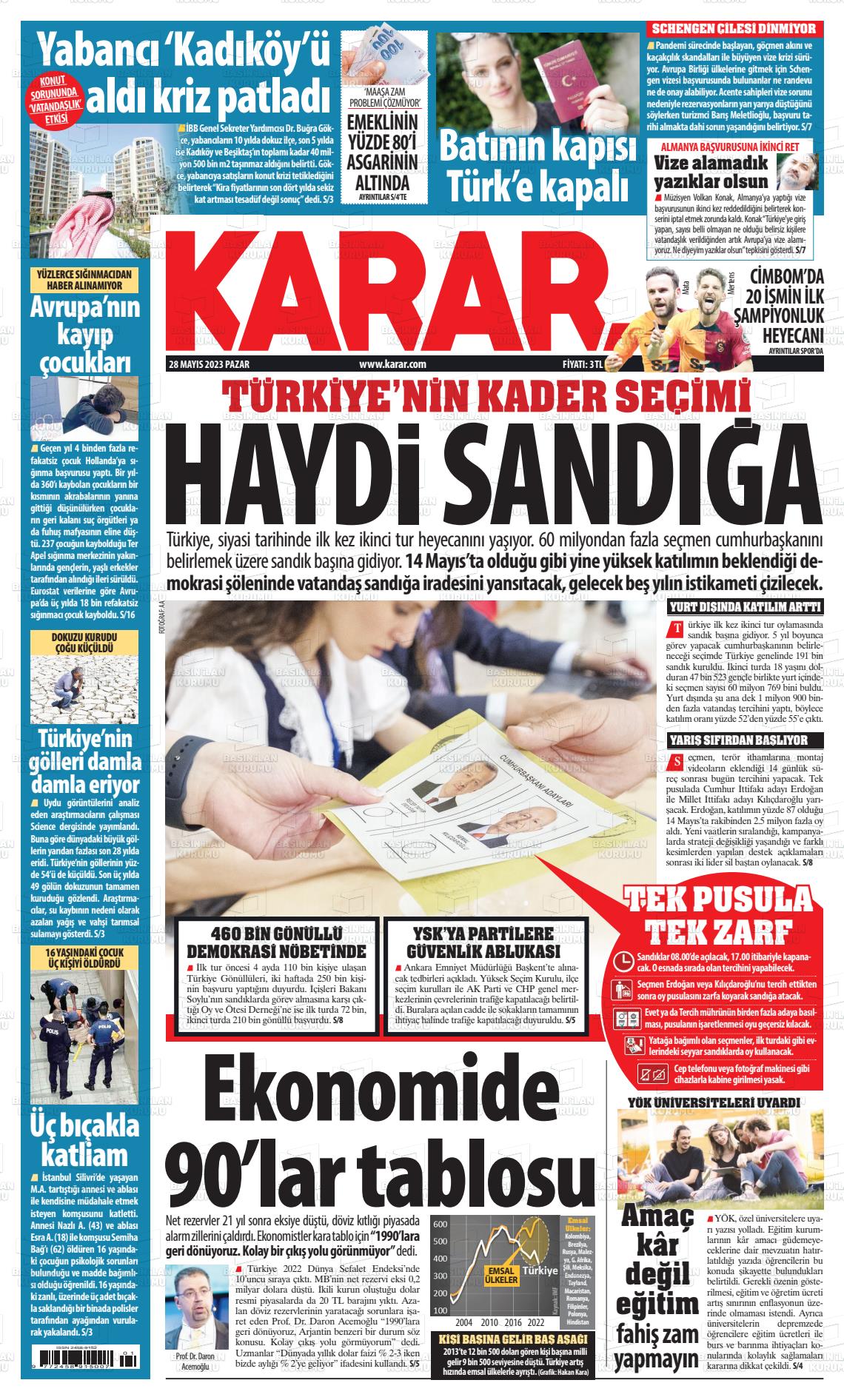 28 Mayıs 2023 Karar Gazete Manşeti