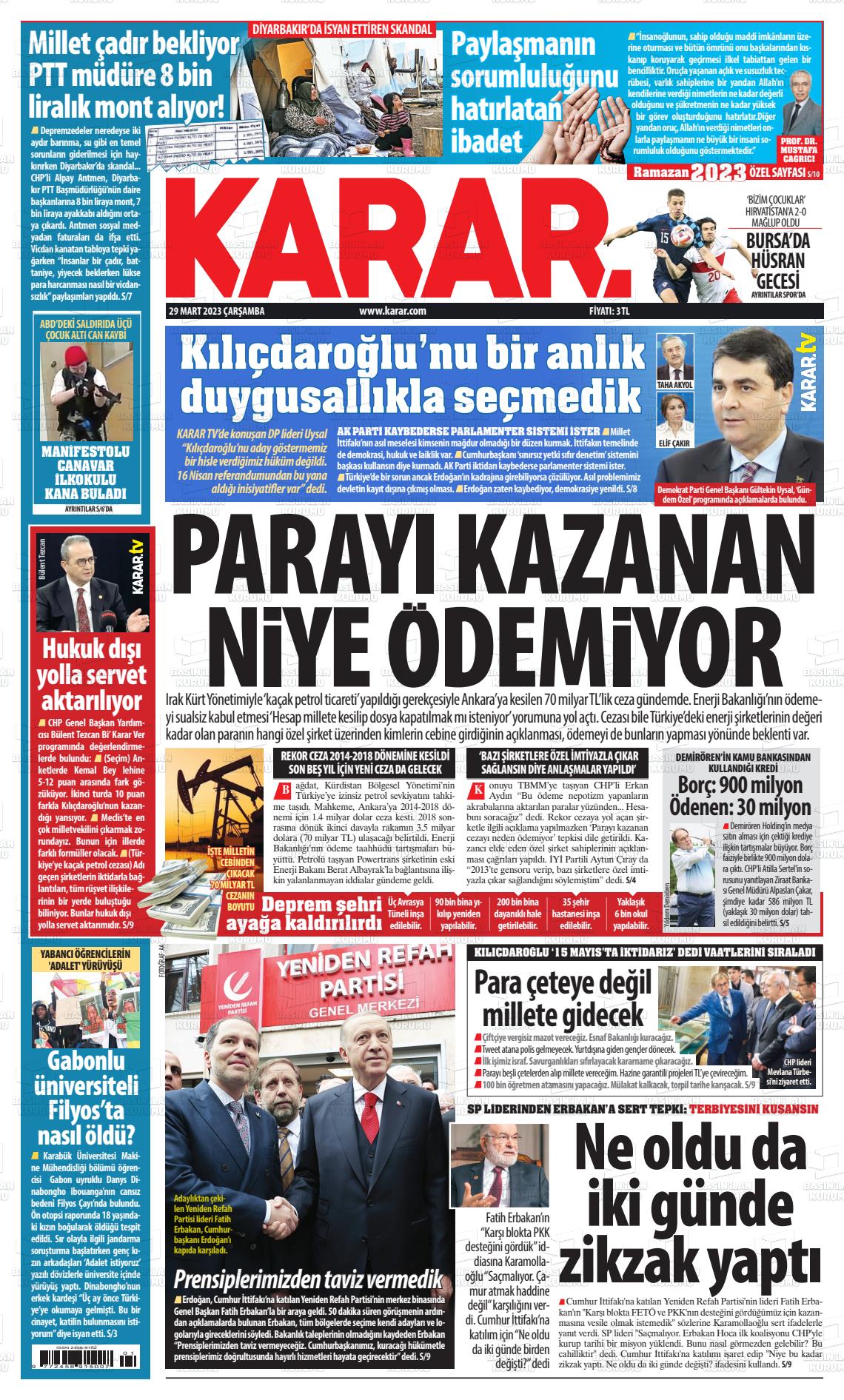29 Mart 2023 Karar Gazete Manşeti